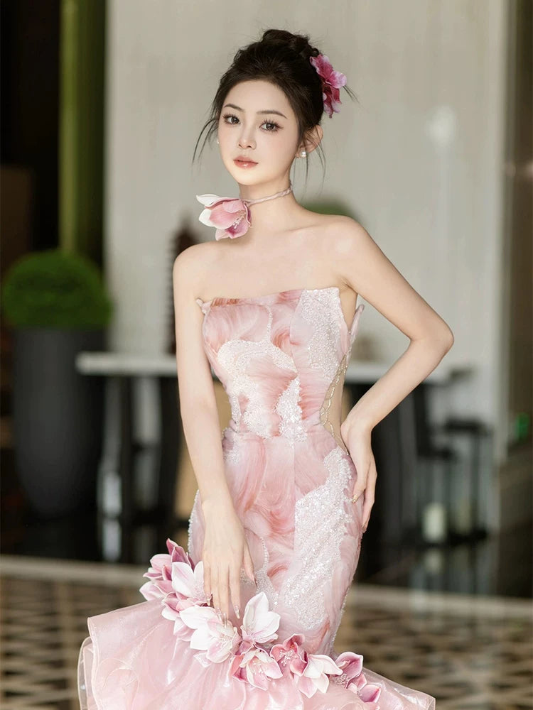 Fitted Strapless Appliques Pink Prom Dress Sequins Ruffles Mermaid Evening Dress AP7109