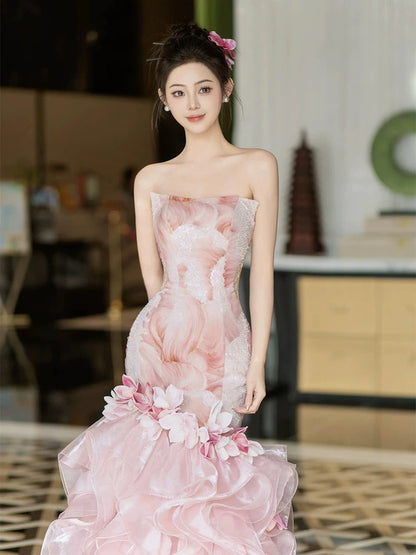 Fitted Strapless Appliques Pink Prom Dress Sequins Ruffles Mermaid Evening Dress AP7109