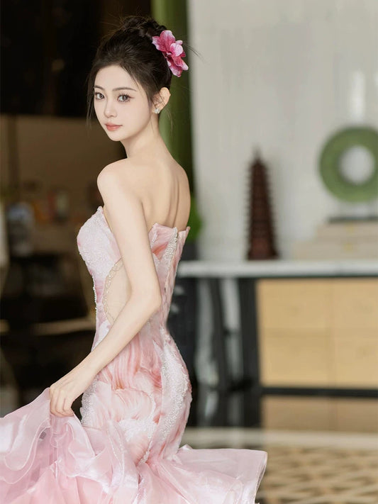 Fitted Strapless Appliques Pink Prom Dress Sequins Ruffles Mermaid Evening Dress AP7109