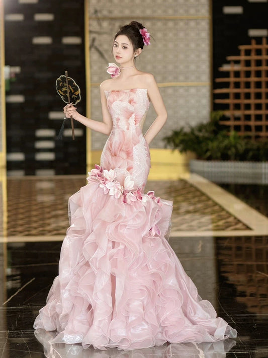 Fitted Strapless Appliques Pink Prom Dress Sequins Ruffles Mermaid Evening Dress AP7109