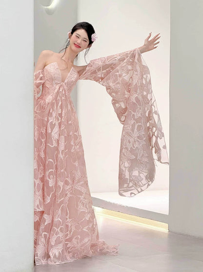 Trendy Off-Shoulder Floral Pink Prom Dress Long Sleeve A-Line Evening Outfit Sequins Formal Dress AP7110