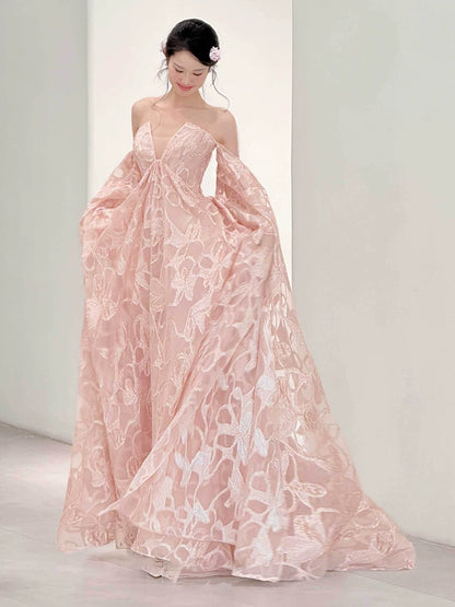 Trendy Off-Shoulder Floral Pink Prom Dress Long Sleeve A-Line Evening Outfit Sequins Formal Dress AP7110