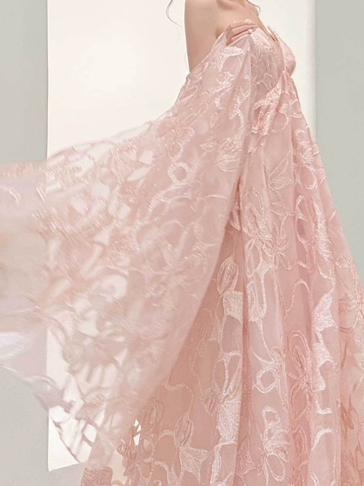 Trendy Off-Shoulder Floral Pink Prom Dress Long Sleeve A-Line Evening Outfit Sequins Formal Dress AP7110