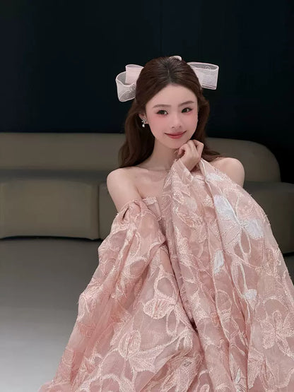 Trendy Off-Shoulder Floral Pink Prom Dress Long Sleeve A-Line Evening Outfit Sequins Formal Dress AP7110