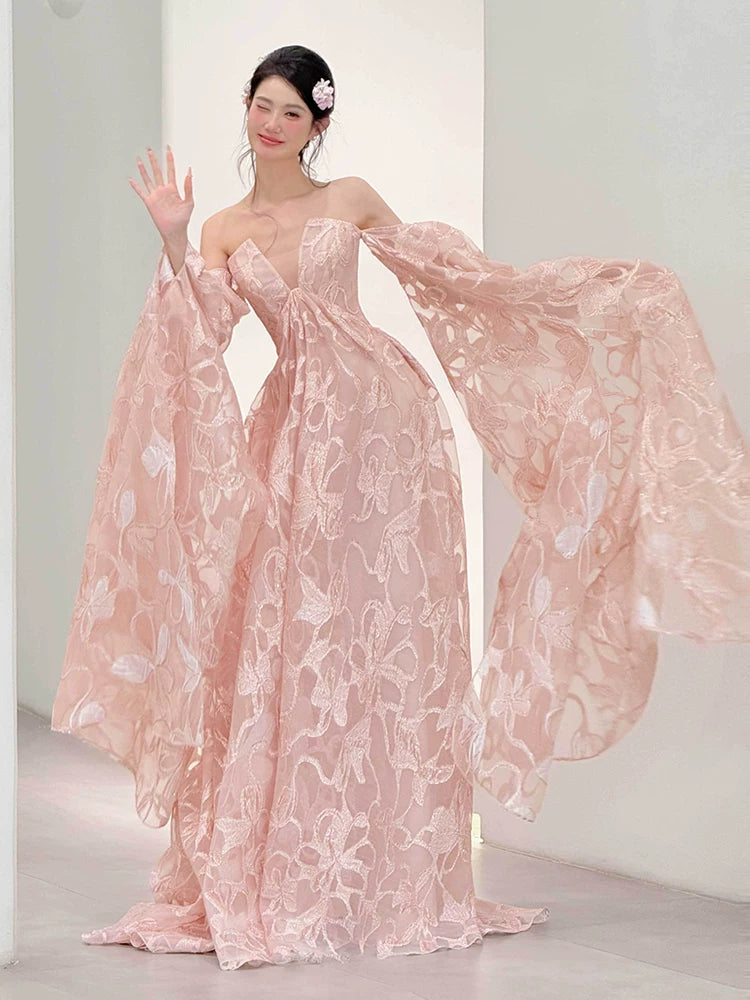 Trendy Off-Shoulder Floral Pink Prom Dress Long Sleeve A-Line Evening Outfit Sequins Formal Dress AP7110