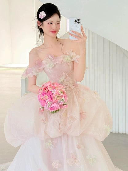 Flattering Off-Shoulder Tiered Pink Prom Dress Appliques Sequins A-Line Formal Gowns AP7111
