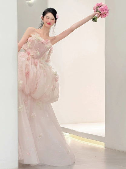Flattering Off-Shoulder Tiered Pink Prom Dress Appliques Sequins A-Line Formal Gowns AP7111