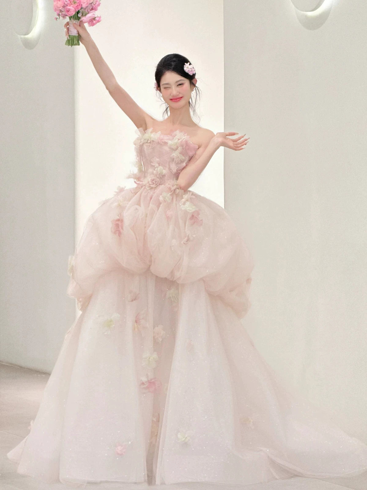 Flattering Off-Shoulder Tiered Pink Prom Dress Appliques Sequins A-Line Formal Gowns AP7111