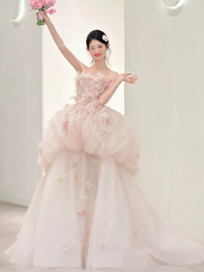Flattering Off-Shoulder Tiered Pink Prom Dress Appliques Sequins A-Line Formal Gowns AP7111