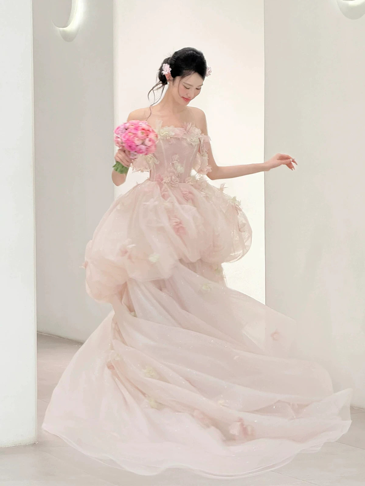 Flattering Off-Shoulder Tiered Pink Prom Dress Appliques Sequins A-Line Formal Gowns AP7111