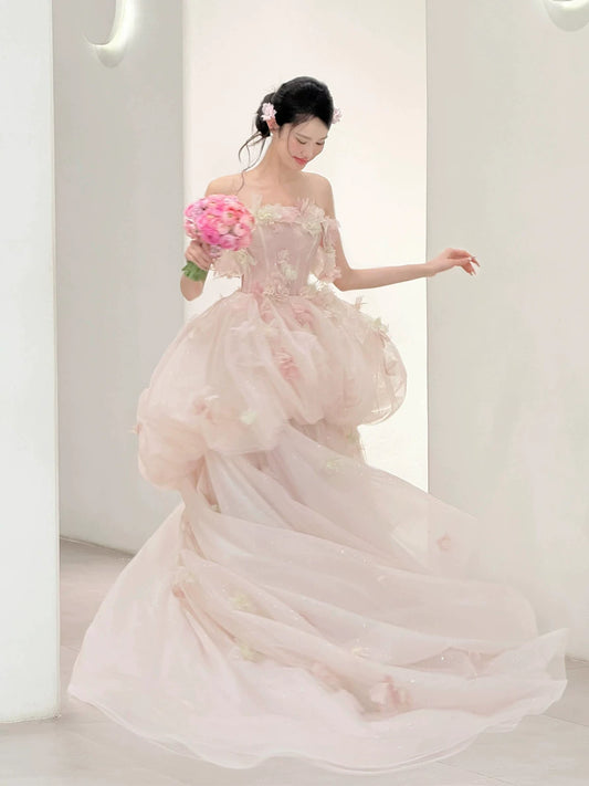 Flattering Off-Shoulder Tiered Pink Prom Dress Appliques Sequins A-Line Formal Gowns AP7111