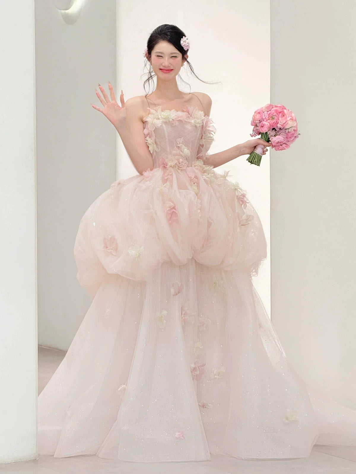 Flattering Off-Shoulder Tiered Pink Prom Dress Appliques Sequins A-Line Formal Gowns AP7111