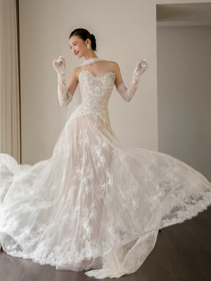 Minimalist Strapless A-Line Wedding Dress Lace Beads Bridal Outfit AP7112