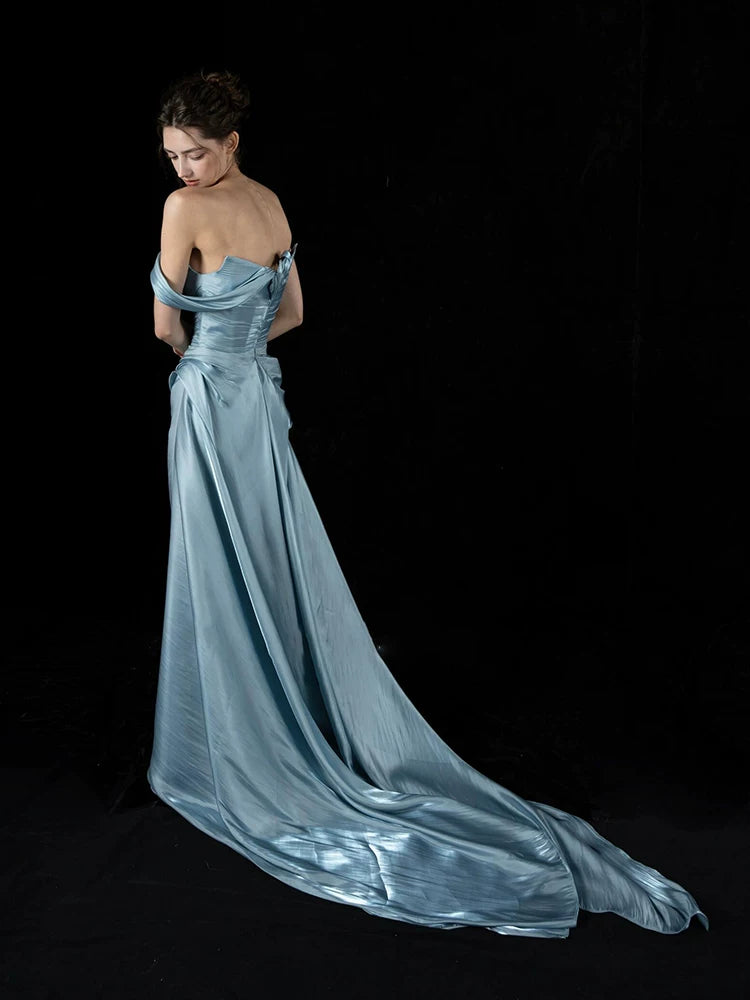 Simple One Shoulder Blue Prom Dress Satin A-Line Formal Gowns AP7113