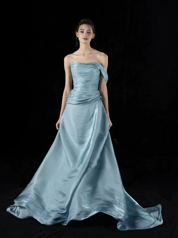 Simple One Shoulder Blue Prom Dress Satin A-Line Formal Gowns AP7113
