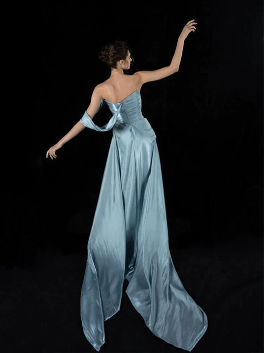 Simple One Shoulder Blue Prom Dress Satin A-Line Formal Gowns AP7113