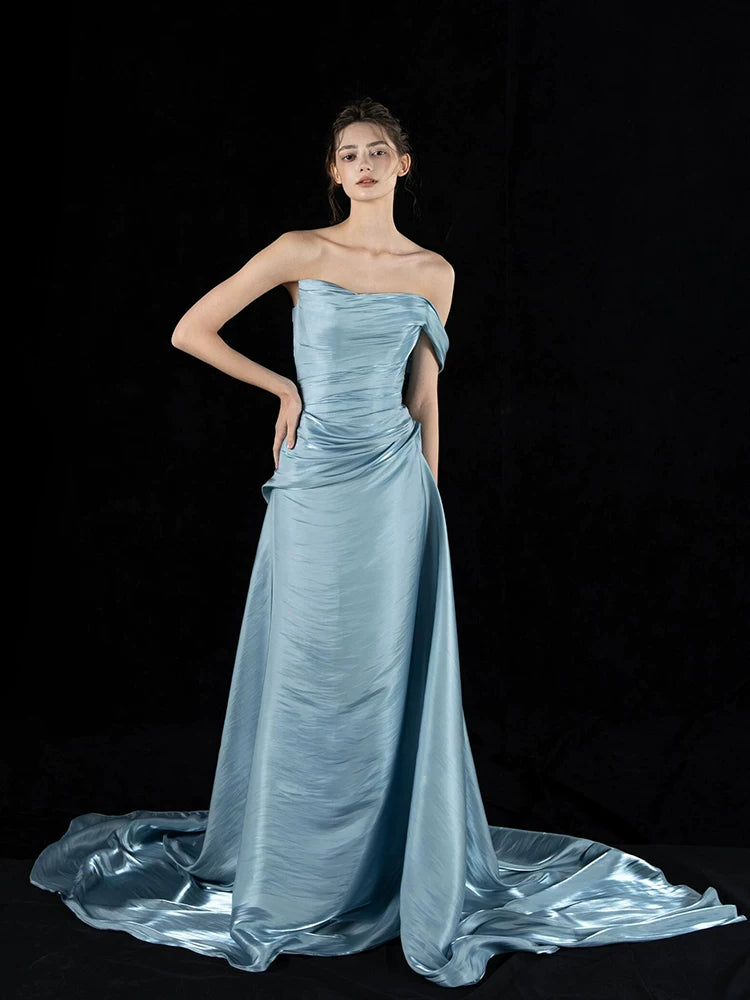 Simple One Shoulder Blue Prom Dress Satin A-Line Formal Gowns AP7113