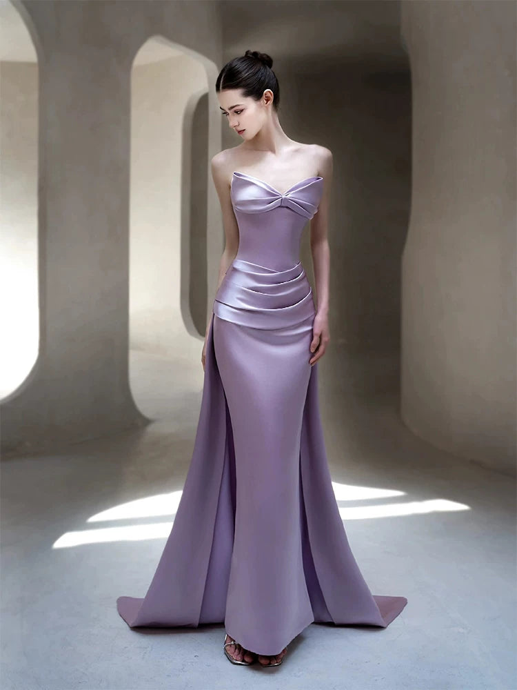 Attractive Strapless Purple Prom Dress Satin Bow Mermaid Evening Dress AP7114