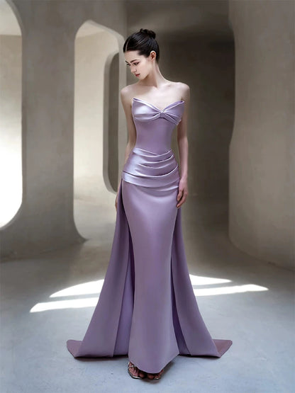 Attractive Strapless Purple Prom Dress Satin Bow Mermaid Evening Dress AP7114