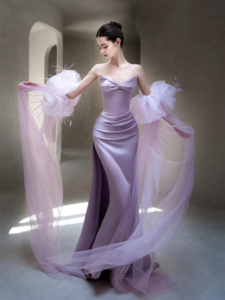 Attractive Strapless Purple Prom Dress Satin Bow Mermaid Evening Dress AP7114