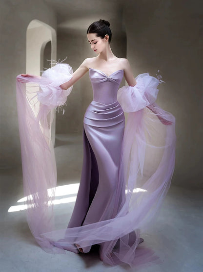 Attractive Strapless Purple Prom Dress Satin Bow Mermaid Evening Dress AP7114