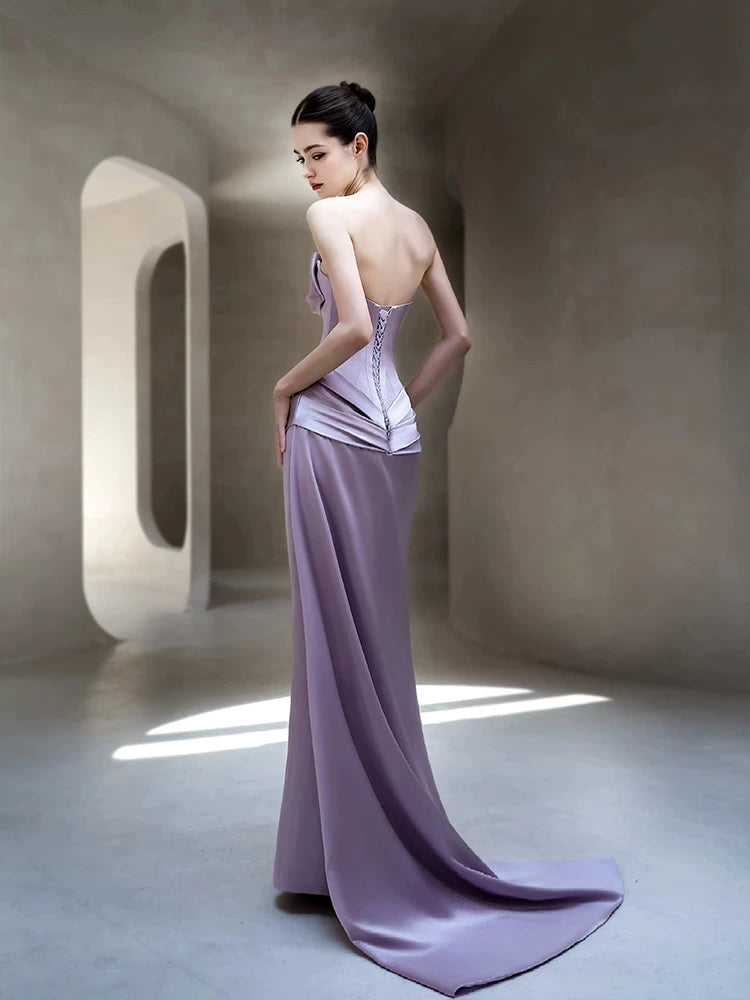 Attractive Strapless Purple Prom Dress Satin Bow Mermaid Evening Dress AP7114