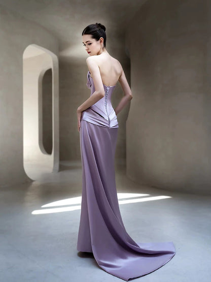 Attractive Strapless Purple Prom Dress Satin Bow Mermaid Evening Dress AP7114