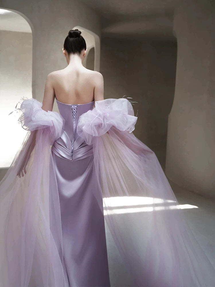 Attractive Strapless Purple Prom Dress Satin Bow Mermaid Evening Dress AP7114