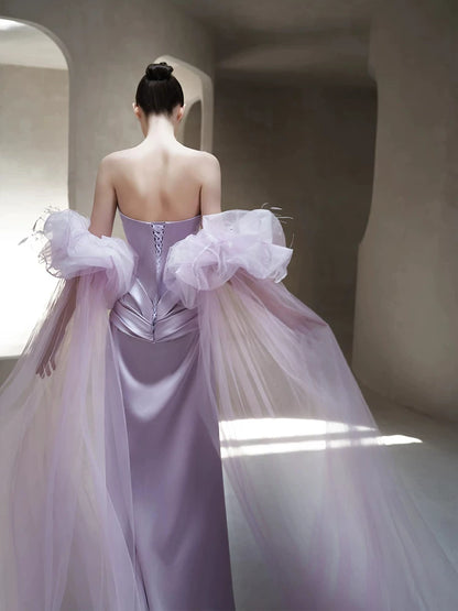 Attractive Strapless Purple Prom Dress Satin Bow Mermaid Evening Dress AP7114