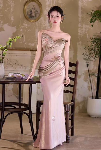 Vogue Strapless Pink Prom Dress Satin Appliques Beads Mermaid Evening Dress AP7115