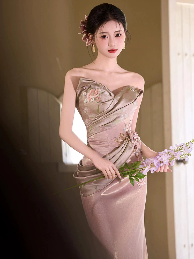 Vogue Strapless Pink Prom Dress Satin Appliques Beads Mermaid Evening Dress AP7115
