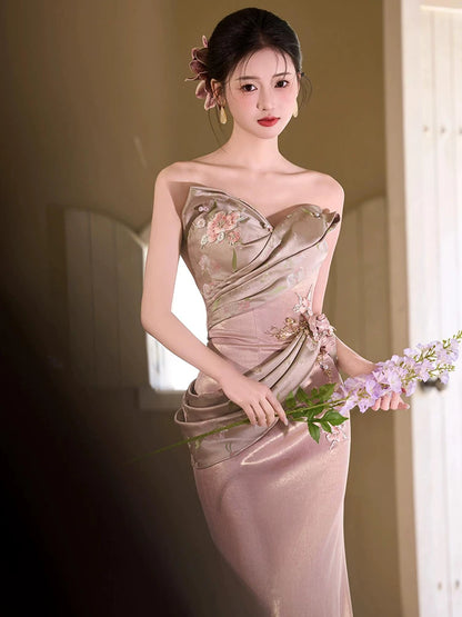 Vogue Strapless Pink Prom Dress Satin Appliques Beads Mermaid Evening Dress AP7115