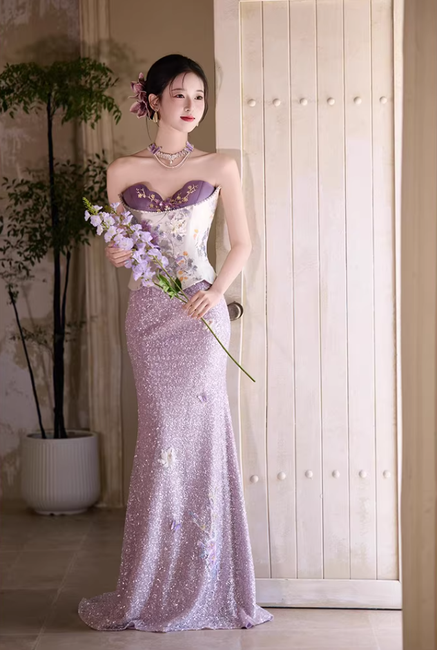 Glittering Strapless Beads Purple Prom Dress Sequins Appliques Mermaid Evening Dress AP7116