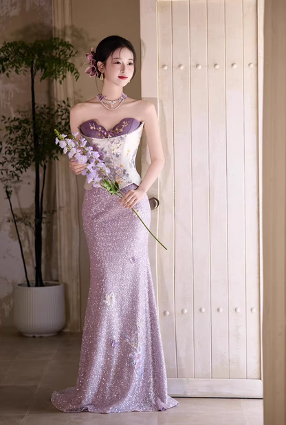 Glittering Strapless Beads Purple Prom Dress Sequins Appliques Mermaid Evening Dress AP7116