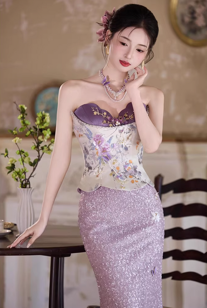 Glittering Strapless Beads Purple Prom Dress Sequins Appliques Mermaid Evening Dress AP7116