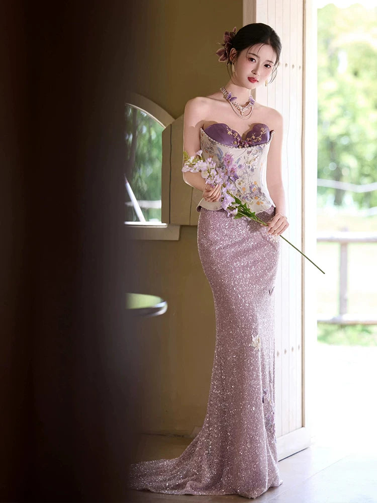 Glittering Strapless Beads Purple Prom Dress Sequins Appliques Mermaid Evening Dress AP7116