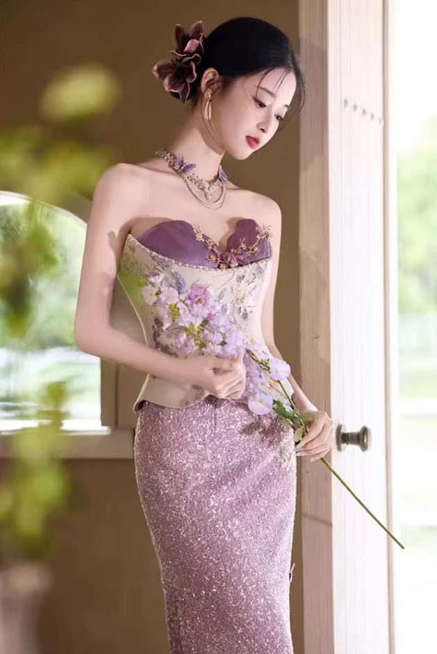 Glittering Strapless Beads Purple Prom Dress Sequins Appliques Mermaid Evening Dress AP7116
