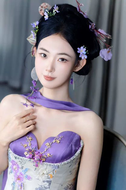 Glittering Strapless Beads Purple Prom Dress Sequins Appliques Mermaid Evening Dress AP7116