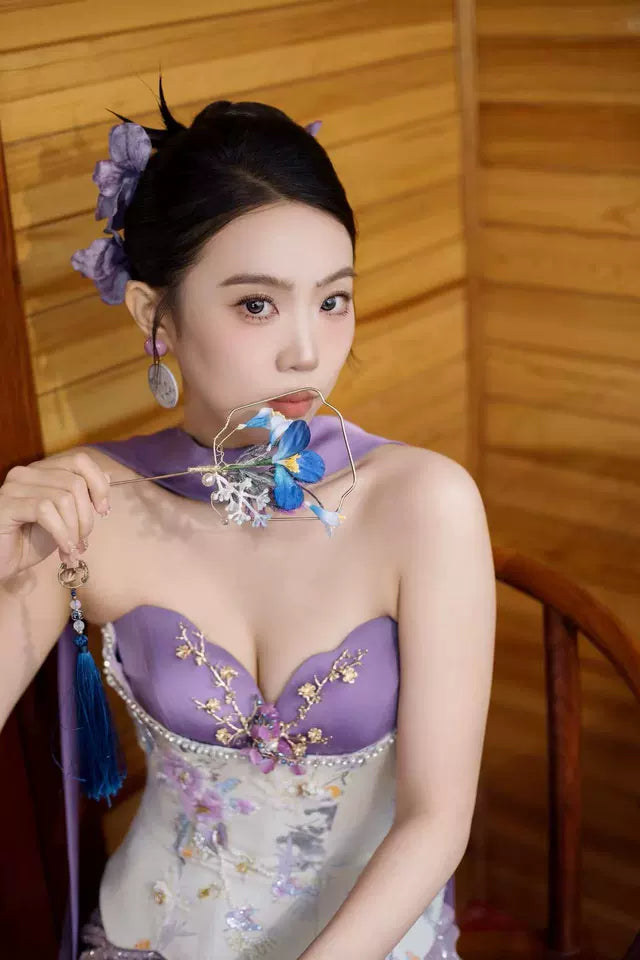 Glittering Strapless Beads Purple Prom Dress Sequins Appliques Mermaid Evening Dress AP7116