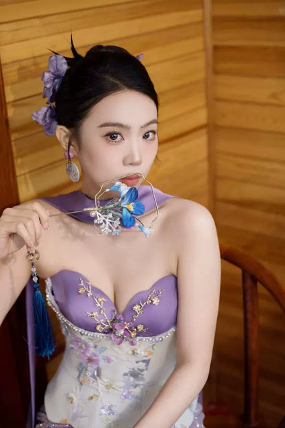 Glittering Strapless Beads Purple Prom Dress Sequins Appliques Mermaid Evening Dress AP7116