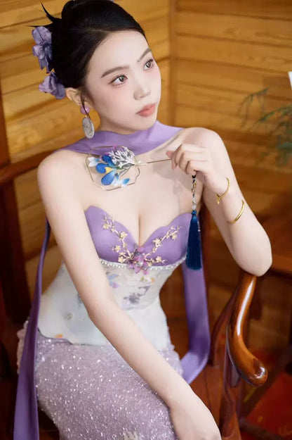 Glittering Strapless Beads Purple Prom Dress Sequins Appliques Mermaid Evening Dress AP7116