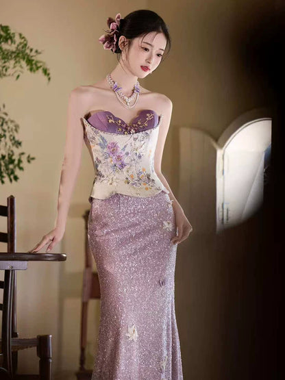 Glittering Strapless Beads Purple Prom Dress Sequins Appliques Mermaid Evening Dress AP7116