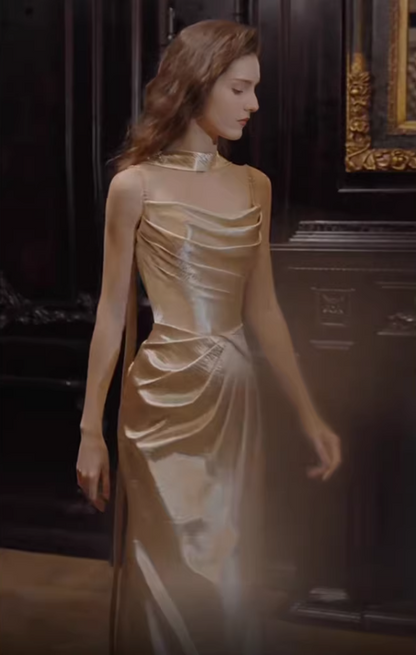 Modern Spaghetti Straps Gold Prom Dress With Scarf Satin Pleated Mermaid Evening Dress AP7117