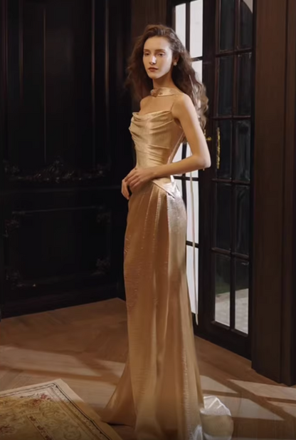 Modern Spaghetti Straps Gold Prom Dress With Scarf Satin Pleated Mermaid Evening Dress AP7117