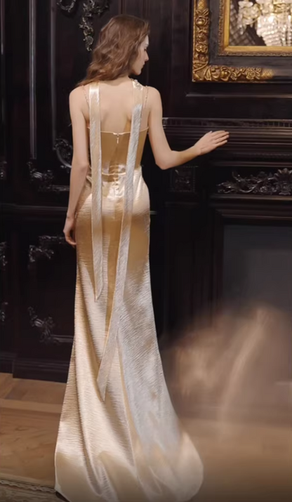 Modern Spaghetti Straps Gold Prom Dress With Scarf Satin Pleated Mermaid Evening Dress AP7117
