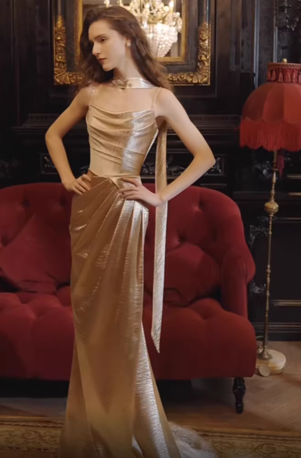 Modern Spaghetti Straps Gold Prom Dress With Scarf Satin Pleated Mermaid Evening Dress AP7117
