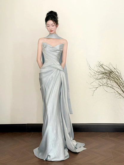 Sexy Strapless Light Blue Prom Dress With Scarf Satin Pleated Mermaid Evening Dress AP7118