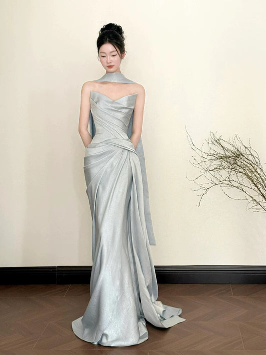 Sexy Strapless Light Blue Prom Dress With Scarf Satin Pleated Mermaid Evening Dress AP7118