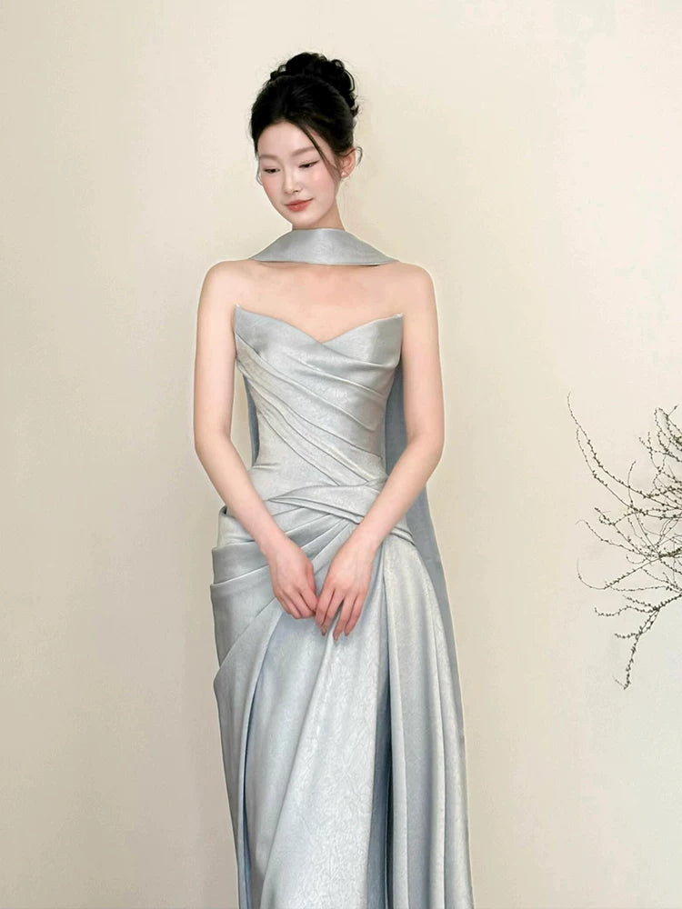 Sexy Strapless Light Blue Prom Dress With Scarf Satin Pleated Mermaid Evening Dress AP7118