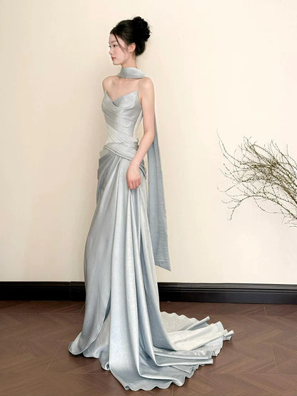 Sexy Strapless Light Blue Prom Dress With Scarf Satin Pleated Mermaid Evening Dress AP7118